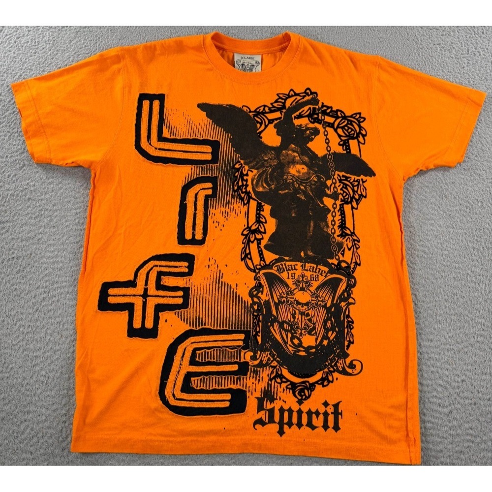 Blac Label Premium Shirt Men XL Orange Life Spirit Skull Graphic Studded Tee Y2K
